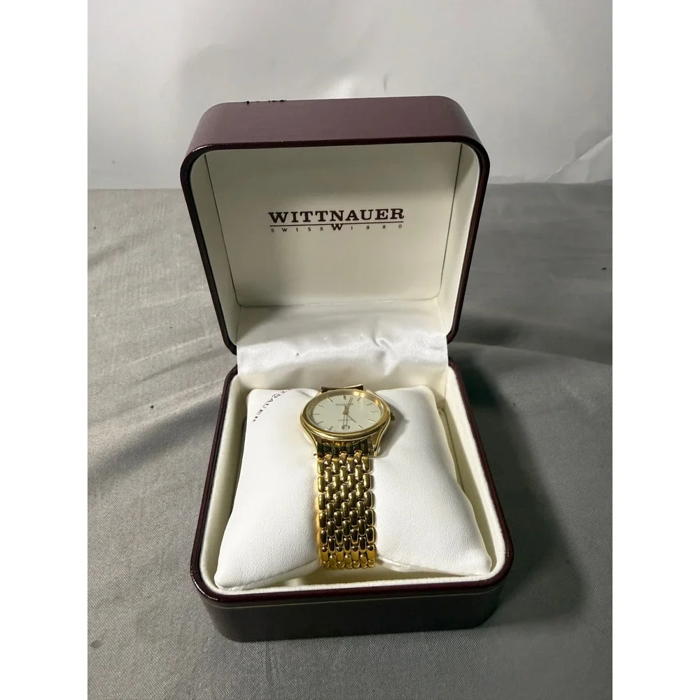 Wittnauer Longlife Gold Tone Swiss Quartz Watch Date Window with Box and Links